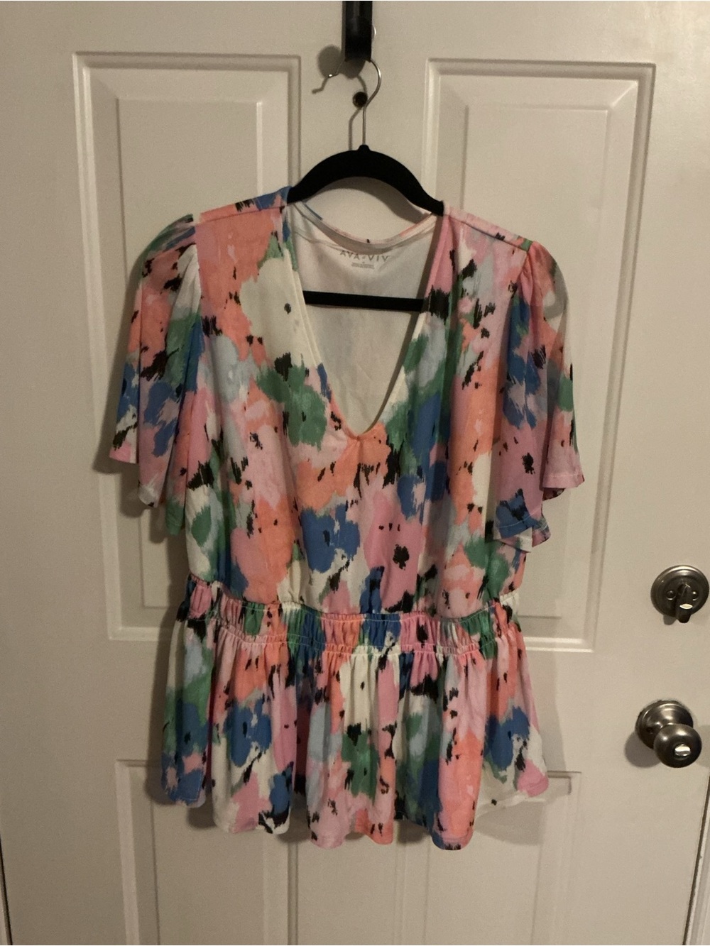 Ava & Viv Pastel Watercolor V‑Neck Peplum Top - Pink, Blue, Green, Cream